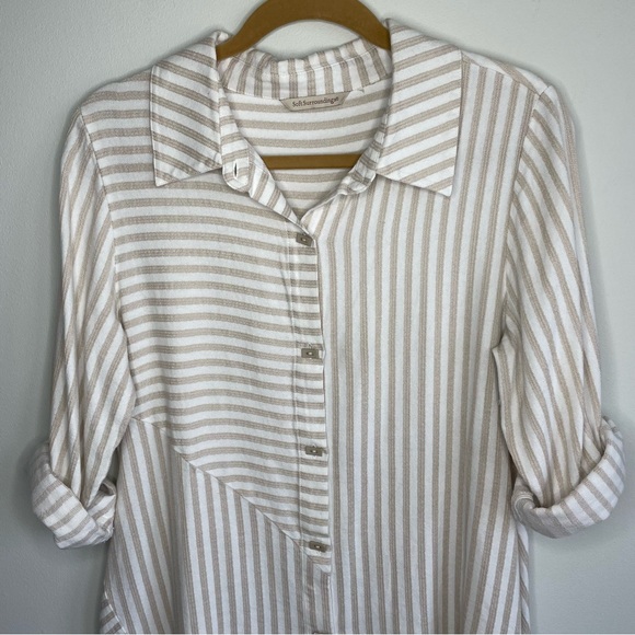Soft Surroundings Tan & White Striped Button Down Long Sleeve Standout Tunic Top - Picture 3 of 8